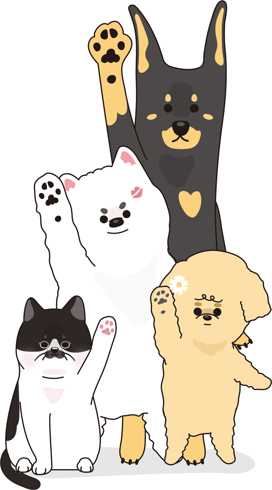 Pari, Kong, Siri, and Reo mascot character artwork