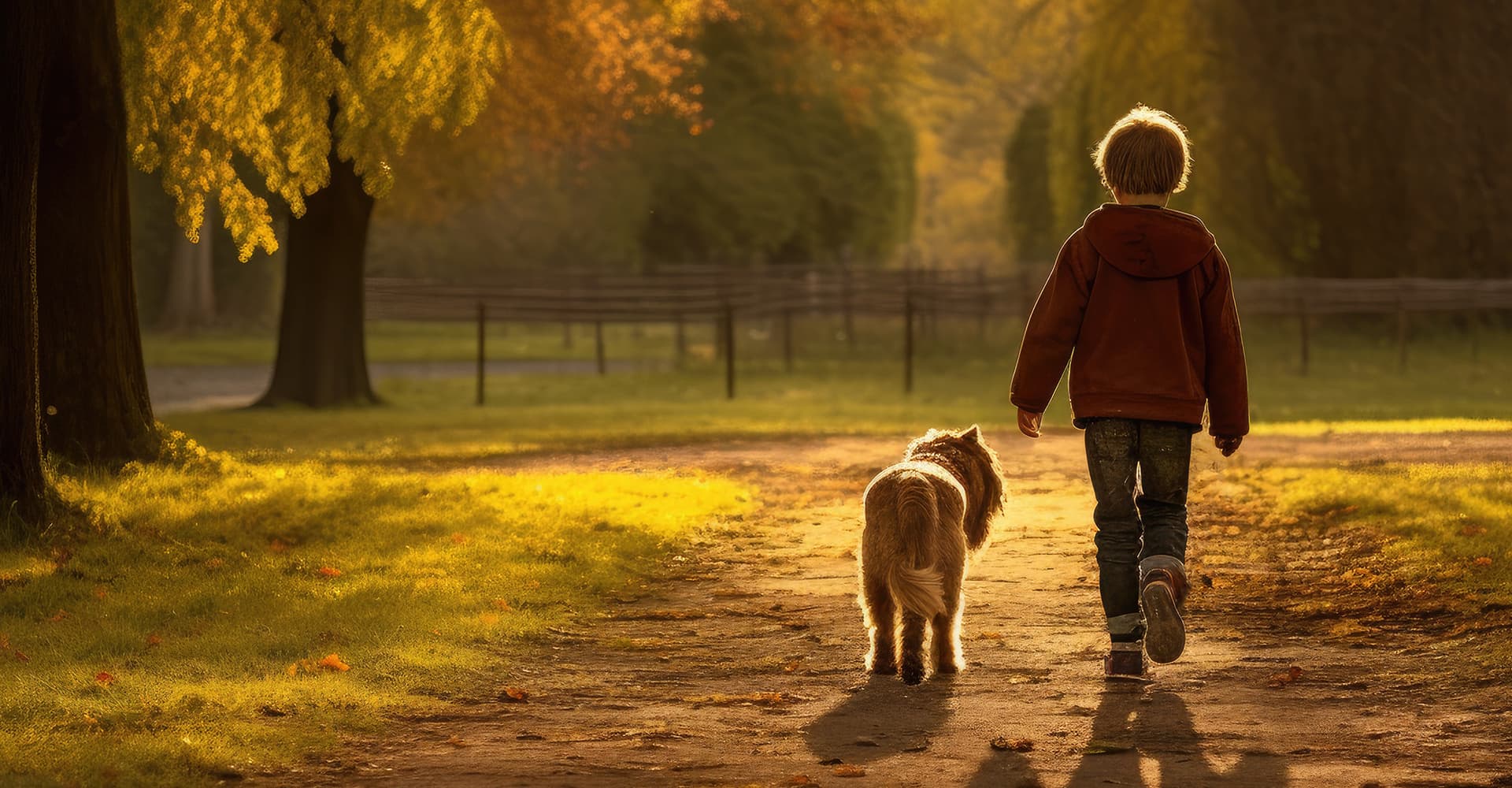 A child walking a dog on an autumn path